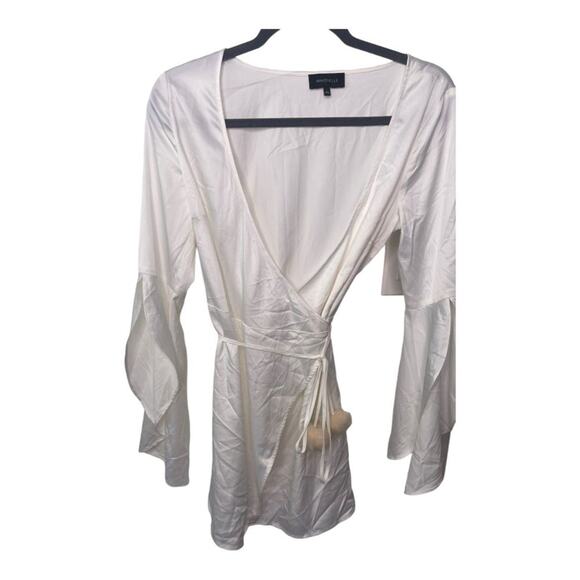 Revolve Majorelle Satin Hex Mini Wrap Dress Off White Tie Pom Poms Size Small - Picture 6 of 10